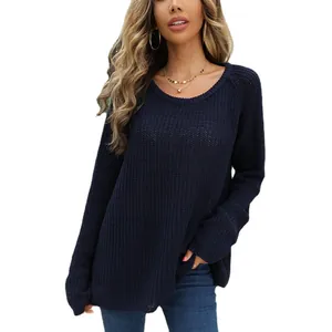 Women's navy blue long sleeve knitted sweater with a relaxed fit for autumn