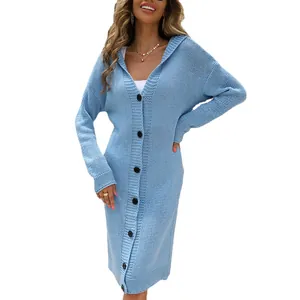 Casual long light blue hooded knit cardigan dress for women with black button front