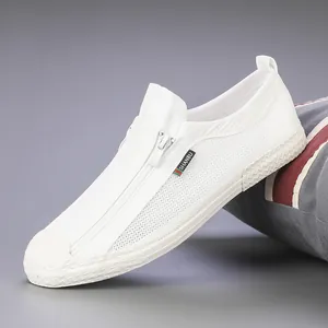 Ανδρικά Casual Sneakers από Δίχτυ Διάτρητα Αναπνεύσιμα με Φερμουάρ Παπούτσια Board Μόδα Σόλα από Καουτσούκ Ελαφριά Λευκά Παπούτσια