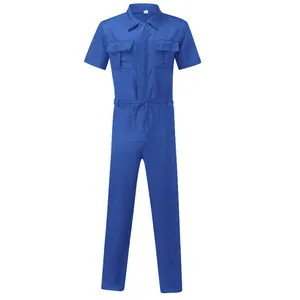 Men's short-sleeved blue workwear jumpsuit with drawstring waist and chest pockets.