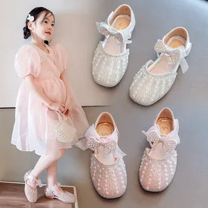 Elegante Prinzessinnen-Schuhe für Mädchen mit Schleife und Perlen-Strasssteinen für den Sommer