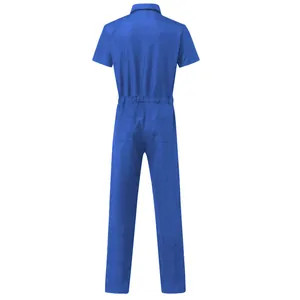 Back view of men's blue short-sleeved workwear jumpsuit with elastic waist and pockets