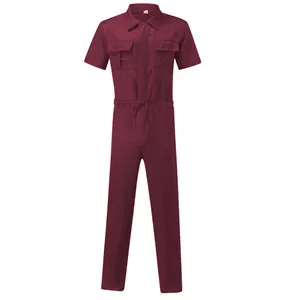 Premium men's wine red short sleeve workwear jumpsuit with adjustable drawstring waist