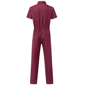 Back view of burgundy men's short-sleeve jumpsuit with elastic waist and pockets