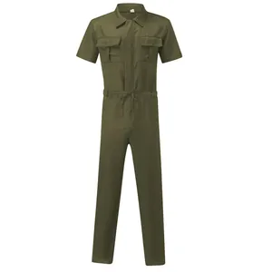 Men's olive green short sleeve utility jumpsuit with drawstring waist and chest pockets