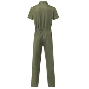 Detailed back view of olive green men's short sleeve workwear jumpsuit with elastic waist.