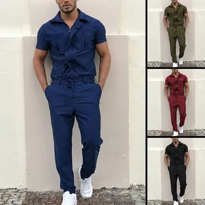 Men Casual Cargo Jumpsuit Short Sleeve Zipper Lapel Drawstring Waist Overalls Cotton Blend One Piece Workwear Set For Men
