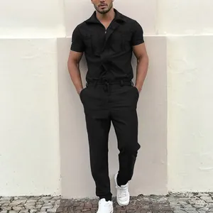 Men's casual black workwear jumpsuit with short sleeves and belted waist.