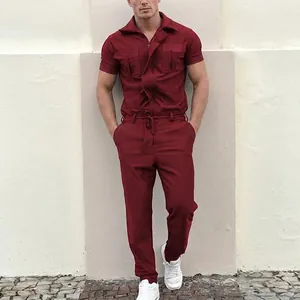 Men's casual burgundy short-sleeve jumpsuit with chest pockets and drawstring waist.