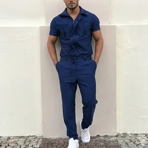 Men's navy blue short-sleeve jumpsuit with drawstring waist and pockets