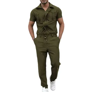 Casual army green men's short sleeve cargo jumpsuit with zipper and drawstring waist