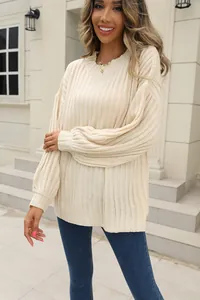 Pull en maille côtelée oversize pour femme crème avec épaules tombantes et manches ballons