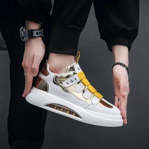 Detailansicht der weiß-goldenen High-Top-Sneaker mit sichtbarem Luftkissen und VSI-Riemen