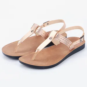 Stylish metallic rose gold T-strap sandals for women with decorative perforations