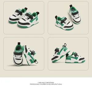 Detailed four-angle views of green and white toddler sneakers featuring soft soles and velcro