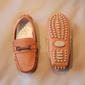 Classic toddler boys vintage brown leather loafers featuring an anti-slip rubber studded sole