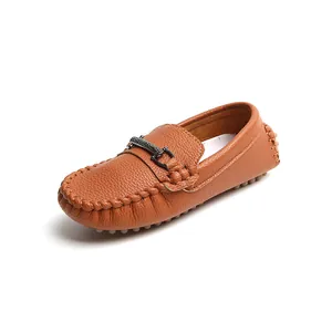 Classic toddler boys brown leather loafers featuring vintage British style buckle and stitching
