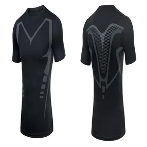 Detailed front and back view of men's black athletic compression T-shirt with patterns
