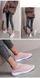 Comfortable breathable fly-knit slip-on flat sneakers for women in pink and grey styles