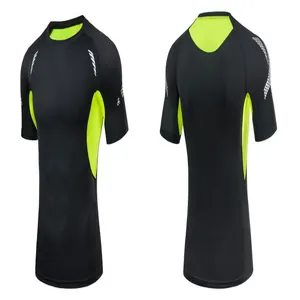 Front and back view of men's sports compression t-shirt in black and neon green