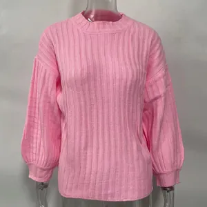 Pull en maille côtelée rose élégant pour femmes, haut décontracté à manches longues