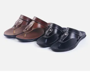 Showcasing black and brown men's fashion flip-flops with detailed leather texture.