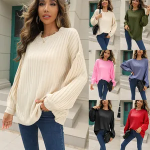 Pull en Tricot Côtelé de Couleur Unie pour Femmes Col Rond Manches Longues Pull Ample Élégant Top pour Automne Hiver
