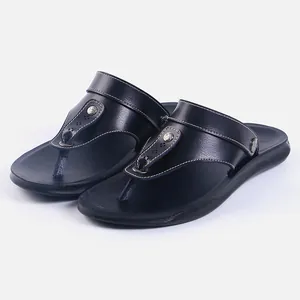 Stylish black men's flip-flops featuring a leather-like upper with metallic stud details
