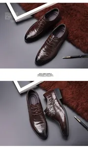 Detailed close-up showing the texture of brown men's sheepskin leather dress shoes.