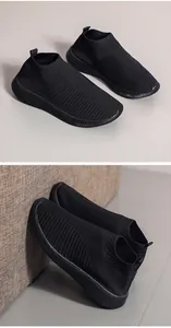 Close-up detail of black breathable knitted slip-on sneakers in a dual-perspective view