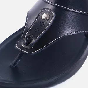 Stylish men's dark blue leather flip-flops with white stitching and metal logo.