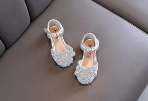 Sparkling silver girls princess shoes with rhinestone butterflies and pearl straps