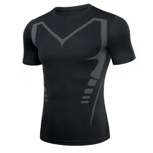 Men's black compression quick-dry t-shirt with grey patterns for fitness and running