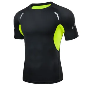 Men's compression short-sleeve workout shirt in black and neon yellow quick-dry fabric