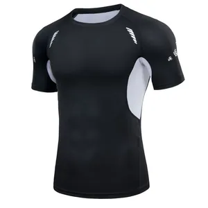 Men's black quick-dry athletic compression short-sleeve T-shirt for fitness gym.