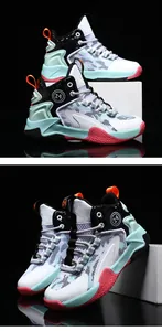Close-up of high-top boys' basketball shoes with breathable mesh and vibrant colors.