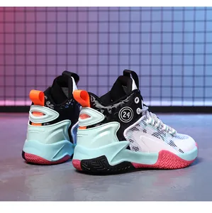 Detail of vibrant high-top boys basketball shoes showing heel support and mesh fabric