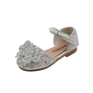 Sparkly silver girls' princess shoes with large rhinestone butterfly and pearls decoration