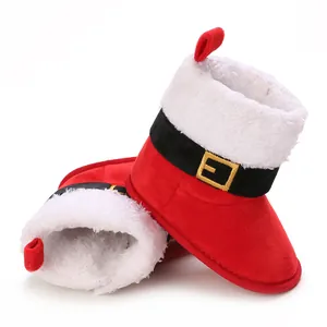Botitas navideñas para bebé con forro de felpa y hebilla de cinturón decorativa