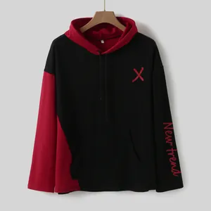 Detailed view of a men's color-block hooded sweatshirt with red New Trend sleeve print