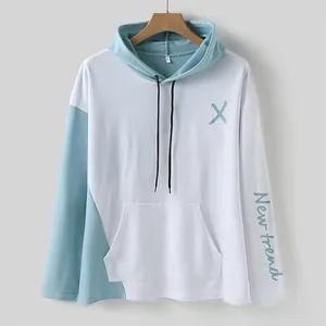 Detail view of men's white and blue color-block hoodie with New Trend sleeve print