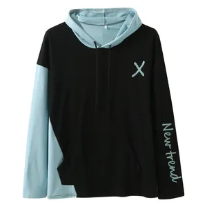 Detailed view of black and blue men's hoodie with decorative New Trend sleeve print