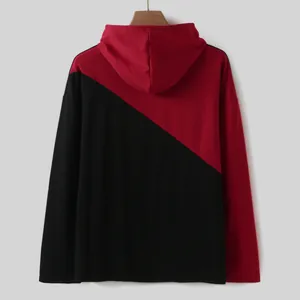 Back view of red and black diagonal color-block men's hoodie, long sleeve casual top