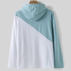 Back view of a stylish minimalist color-blocked men's hooded sweatshirt in teal and white