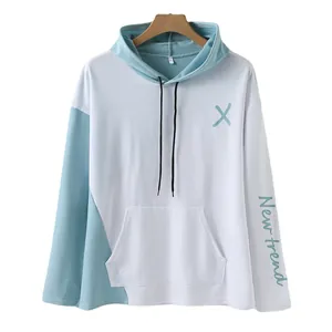 Color-block men's hoodie with 'New trend' print and X logo on white and blue base