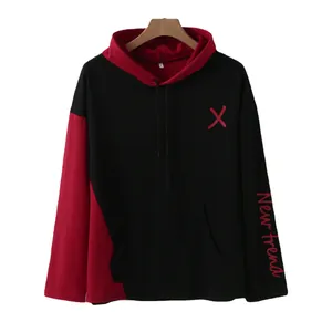 Men's casual black and red color-block hoodie with New Trend letter print on sleeve