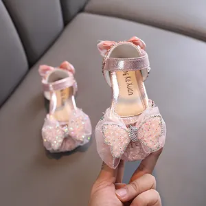 Chaussures de princesse roses à paillettes pour filles avec grands nœuds en strass