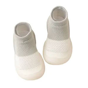 Breathable mesh baby toddler sock shoes with soft non-slip soles in grey and white