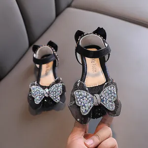 Chaussures de princesse noires pour filles avec nœud papillon en strass étincelants