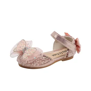 Chaussures de princesse roses élégantes pour filles avec grand nœud et perles
